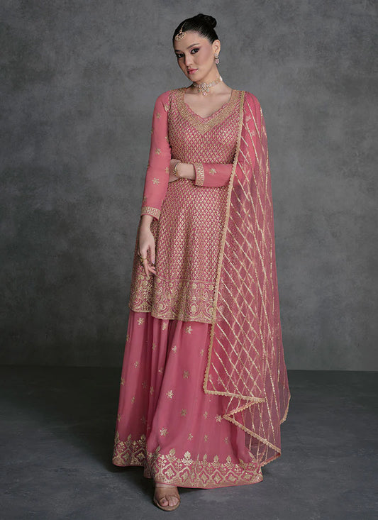 Designer Rose Pink Sharara Suit with Golden Sequins