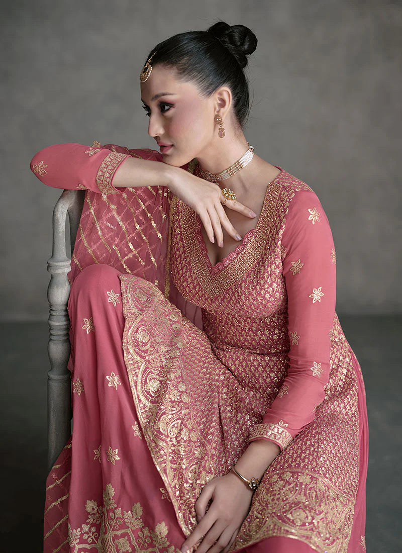 Designer Rose Pink Sharara Suit with Golden Sequins