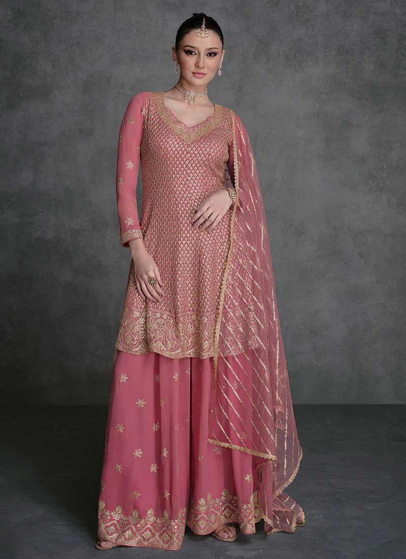 Designer Rose Pink Sharara Suit with Golden Sequins