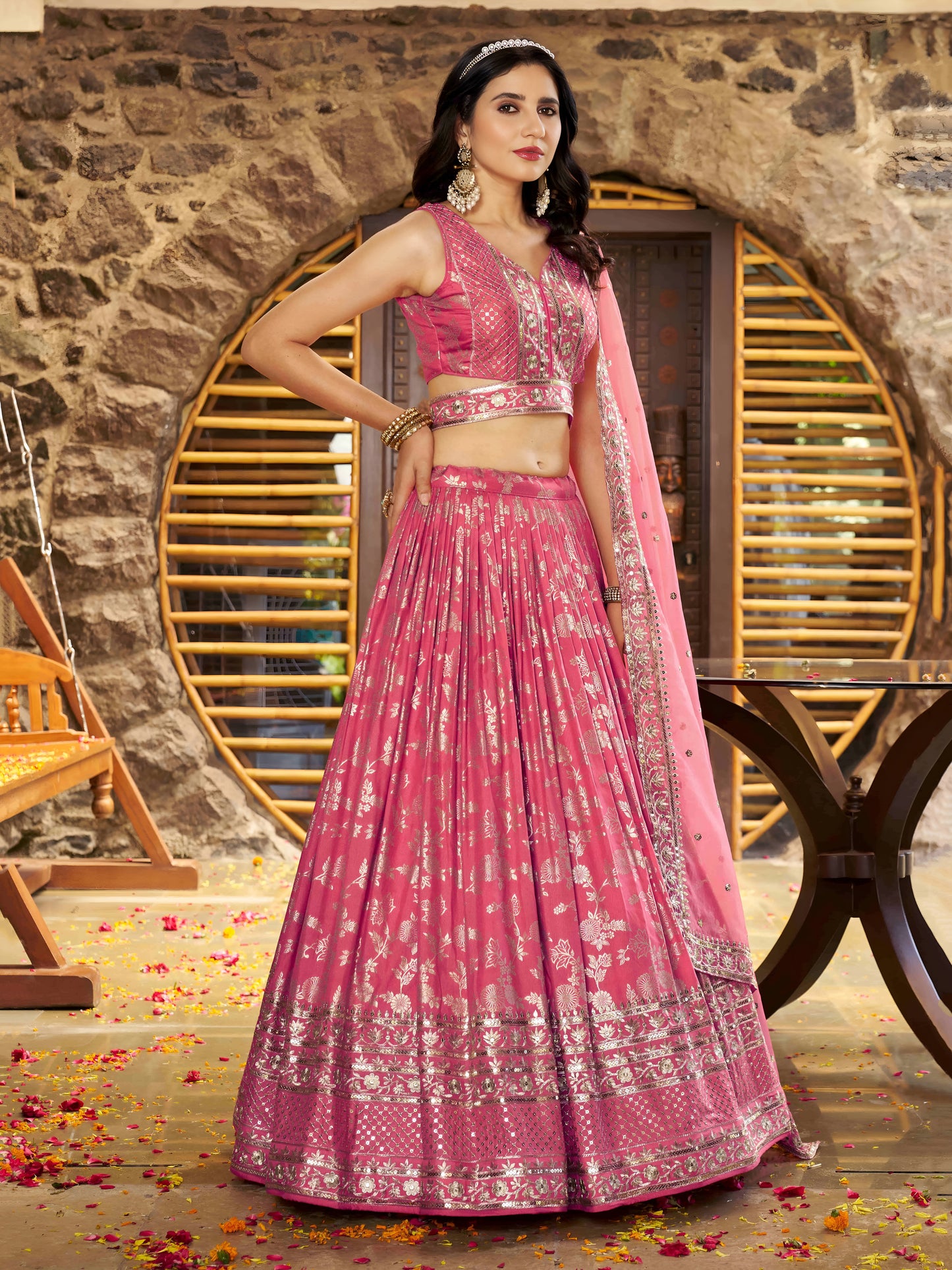 Pink Dola Silk Lehenga Choli with Embroidered Dupatta for Bridesmaids and Indian Festival Wear