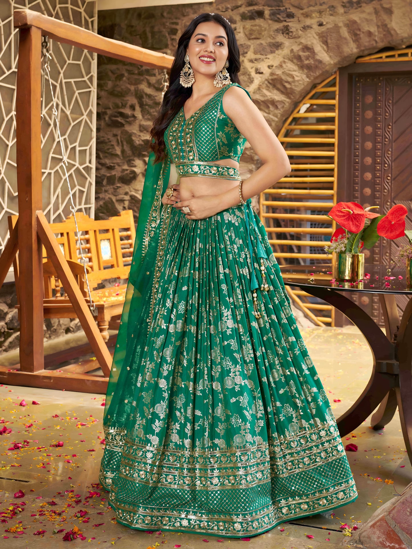 Rama Green Dola Silk Lehenga Choli – Designer Party Wear for Diwali and Wedding Bridesmaids