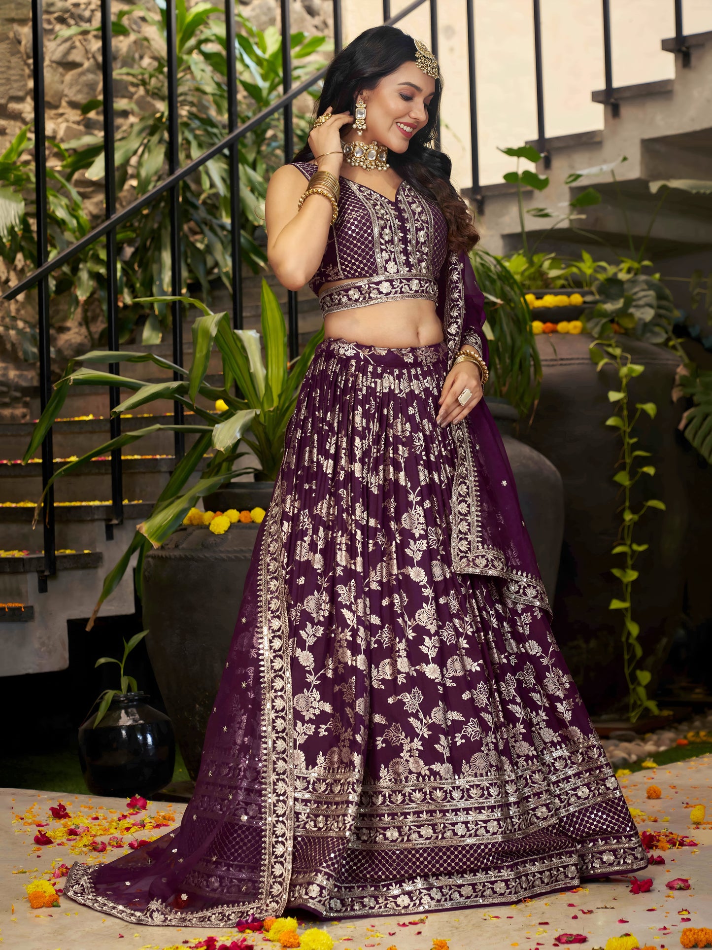 Wine Dola Silk Lehenga Choli for Indian Festive Parties and Bridesmaid Styling – Thread and Mirror Detailing