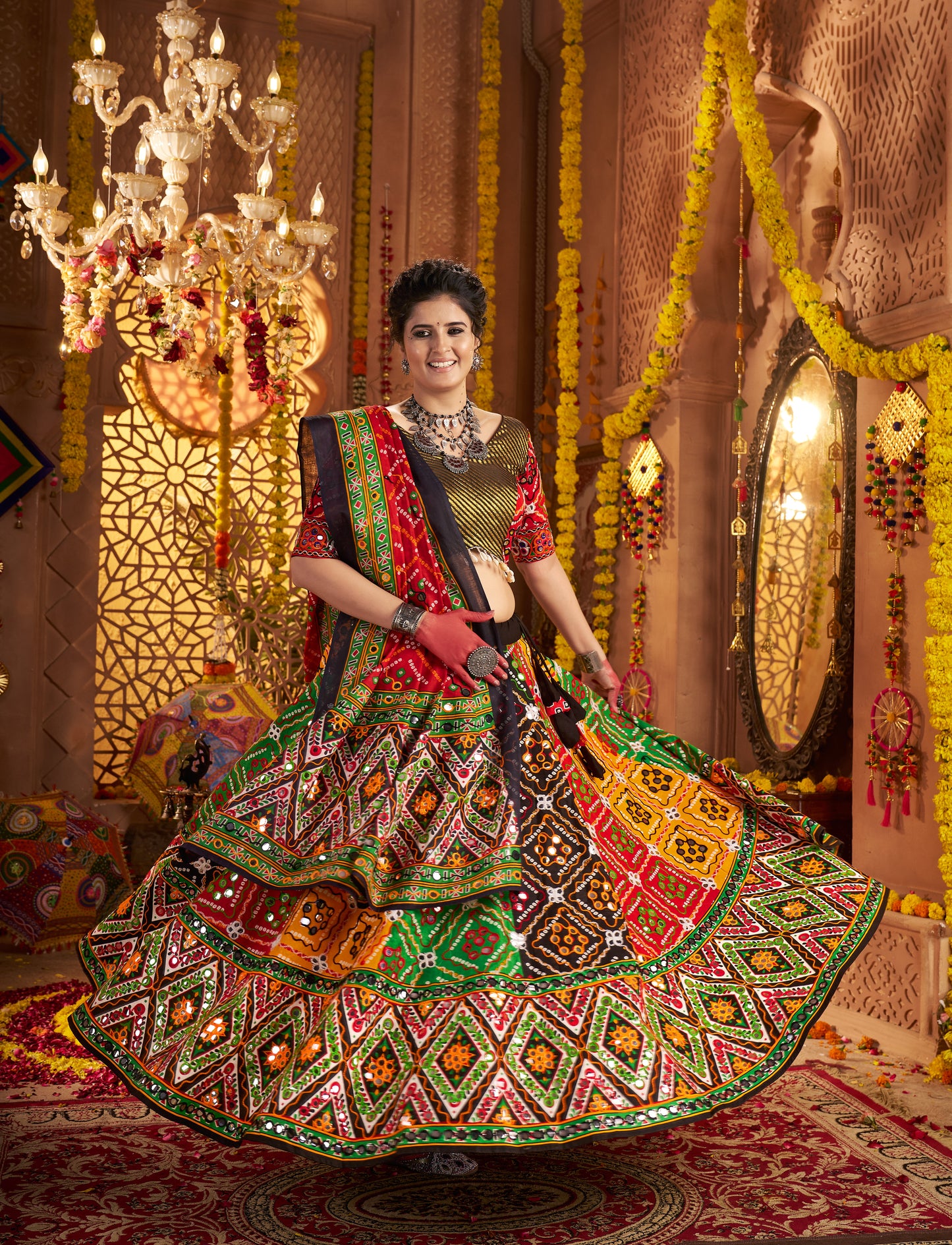 Designer Multicolor Chaniya Choli for Navratri with Aari Foil Work
