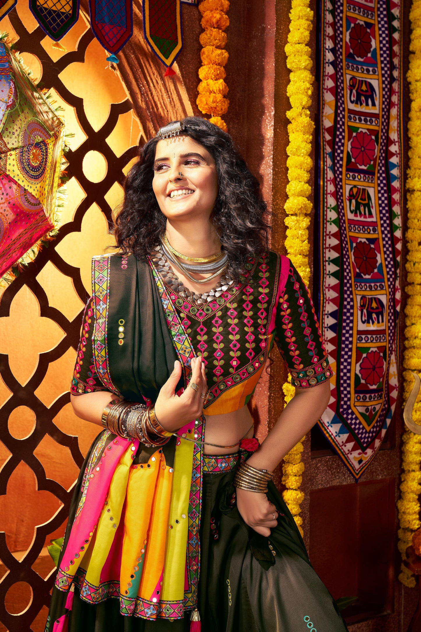 Black Gajji Silk Navratri Chaniya Choli with Mirror & Thread Work