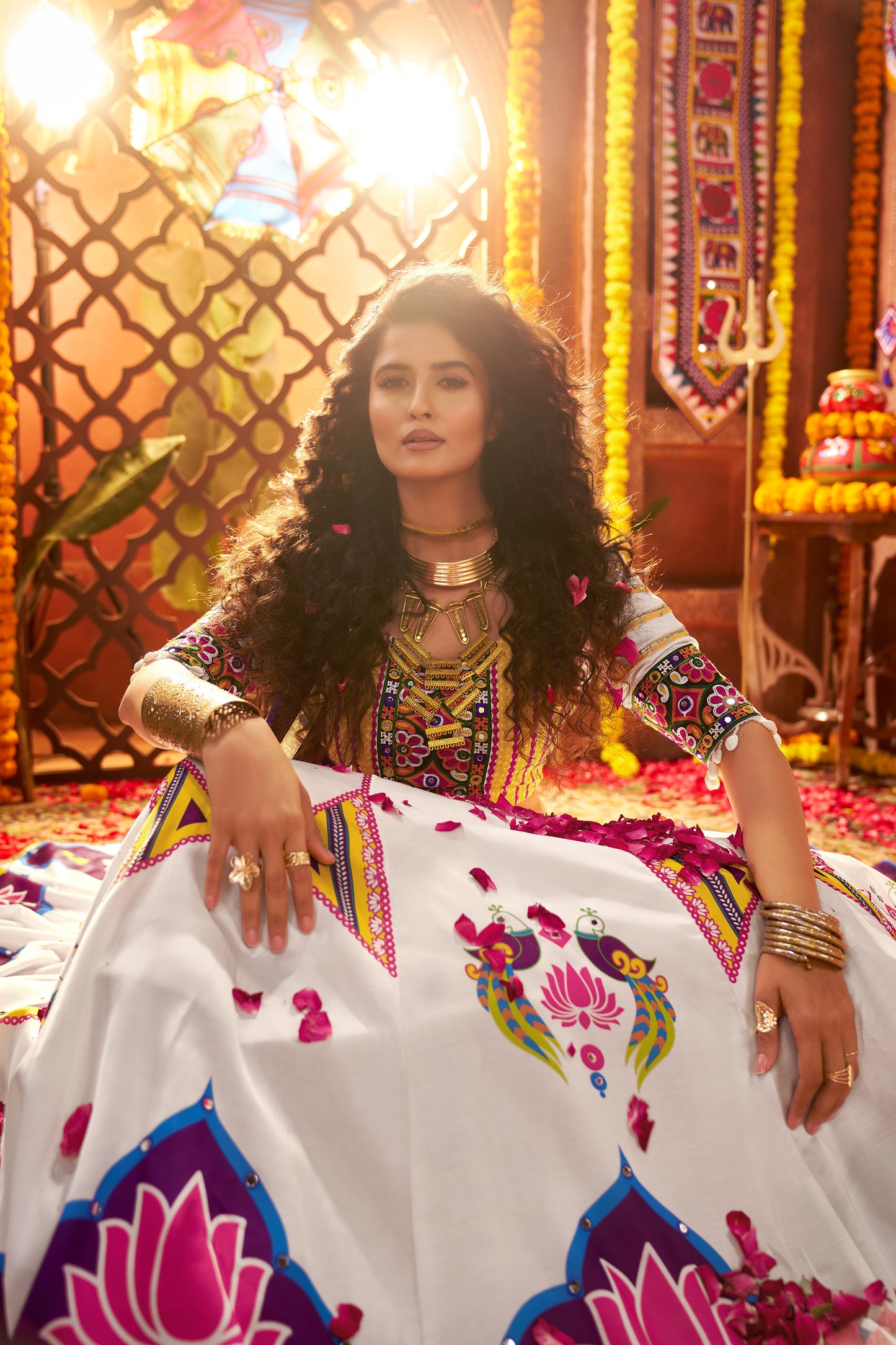 White Navratri Chaniya Choli with Multi Patch Lace & Mirror Work