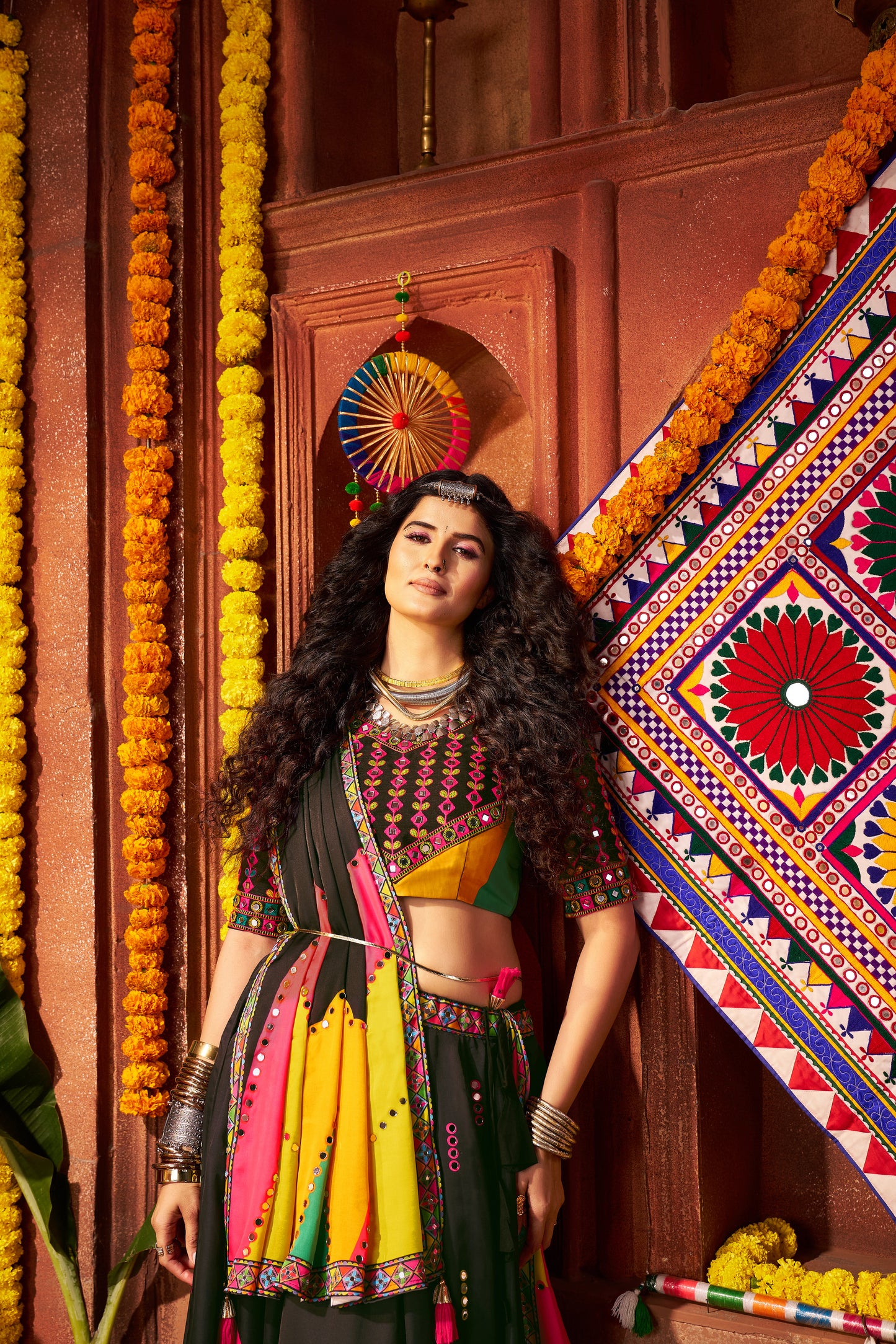 Black Gajji Silk Navratri Chaniya Choli with Mirror & Thread Work