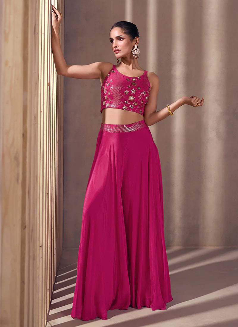 Pink  Real Chinnon Silk Embroidery Work Party Wear Co-ords Palazzo Suit with dupatta