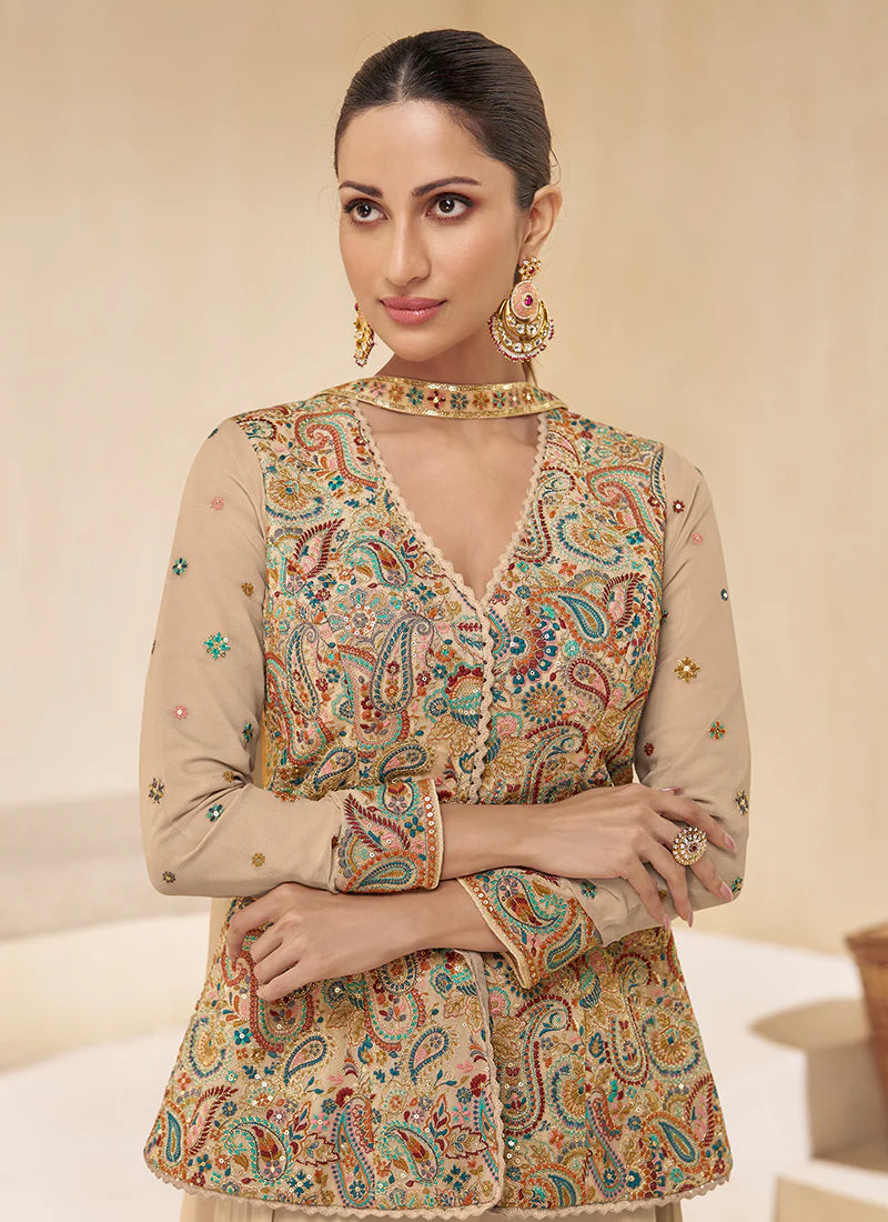Find occasion-ready Sharara Suit with dupatta and designer details.