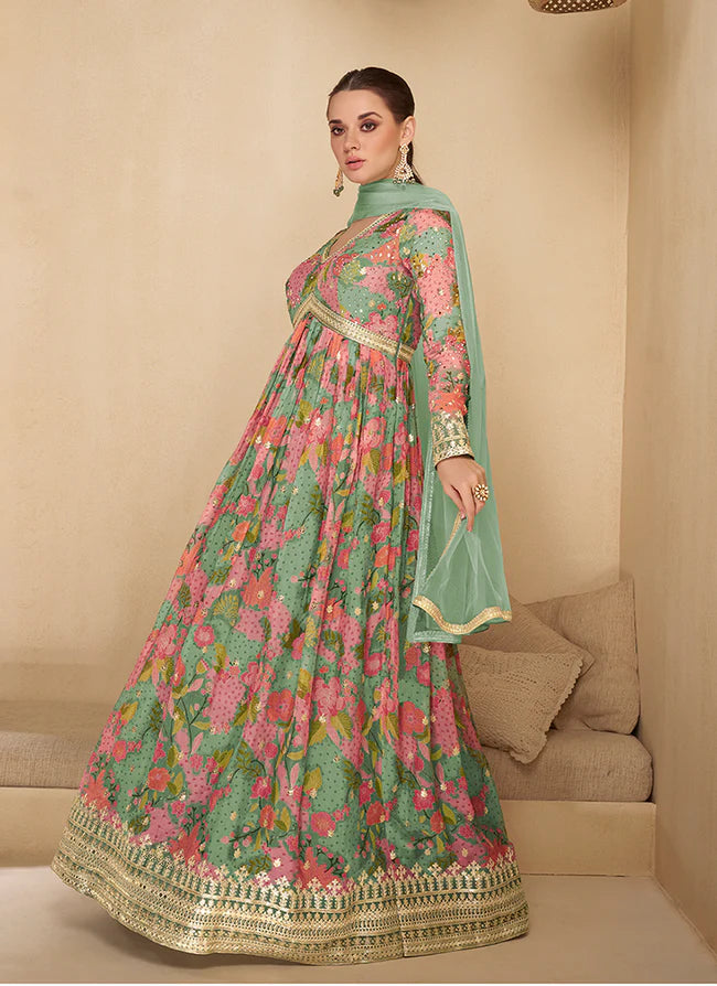 Find occasion-ready Anarkali Gown with dupatta and designer details.