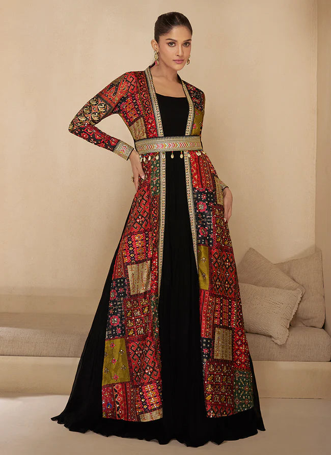 Black Anarkali Gown with Embroidered Jacket