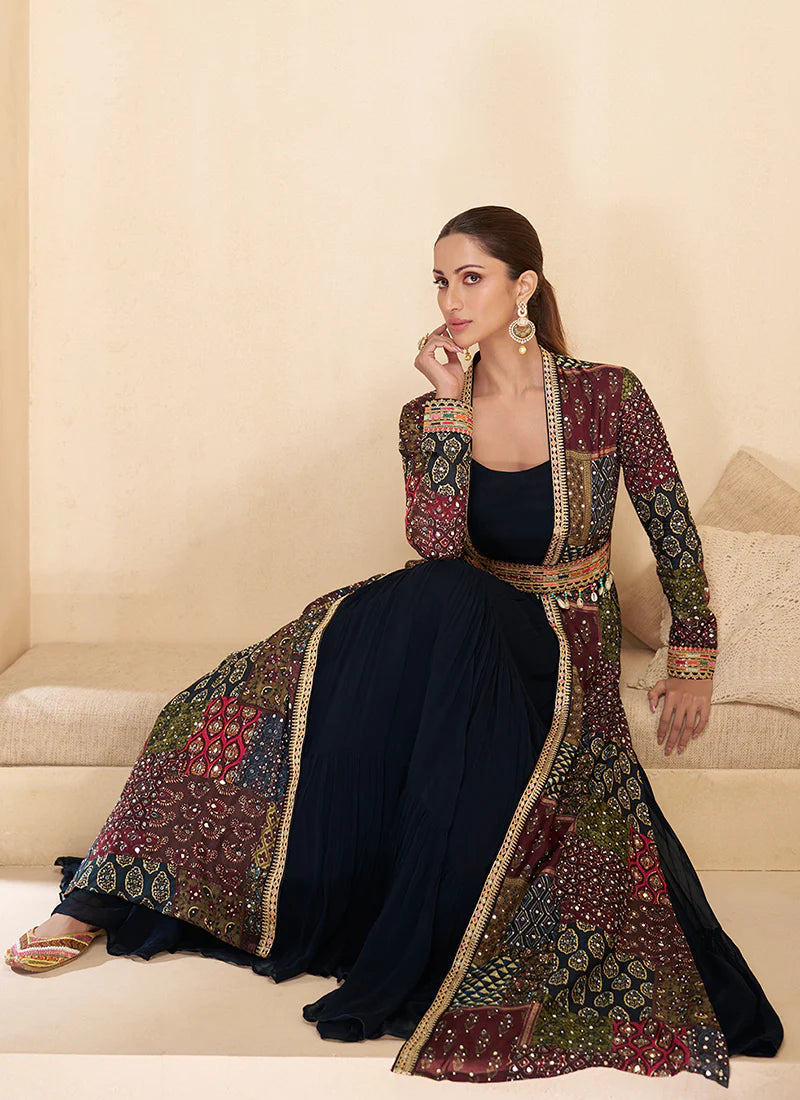 Explore stylish Gown Anarkali with Jacket for party wear and celebrations.