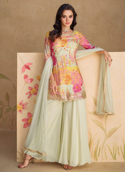 Off White Elegant Gharara Suit with Sequence Embroidery and Printed Design