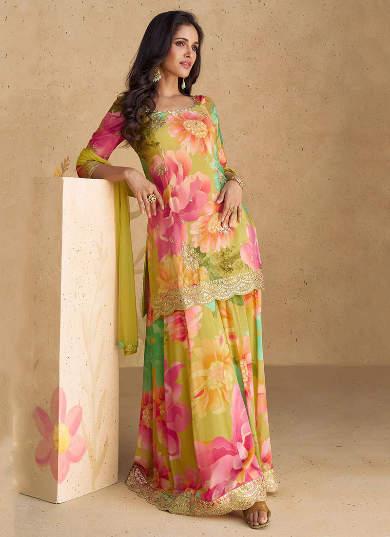 Yellow multicolor Elegant Sharara Suit with Sequence Embroidery and Printed Design