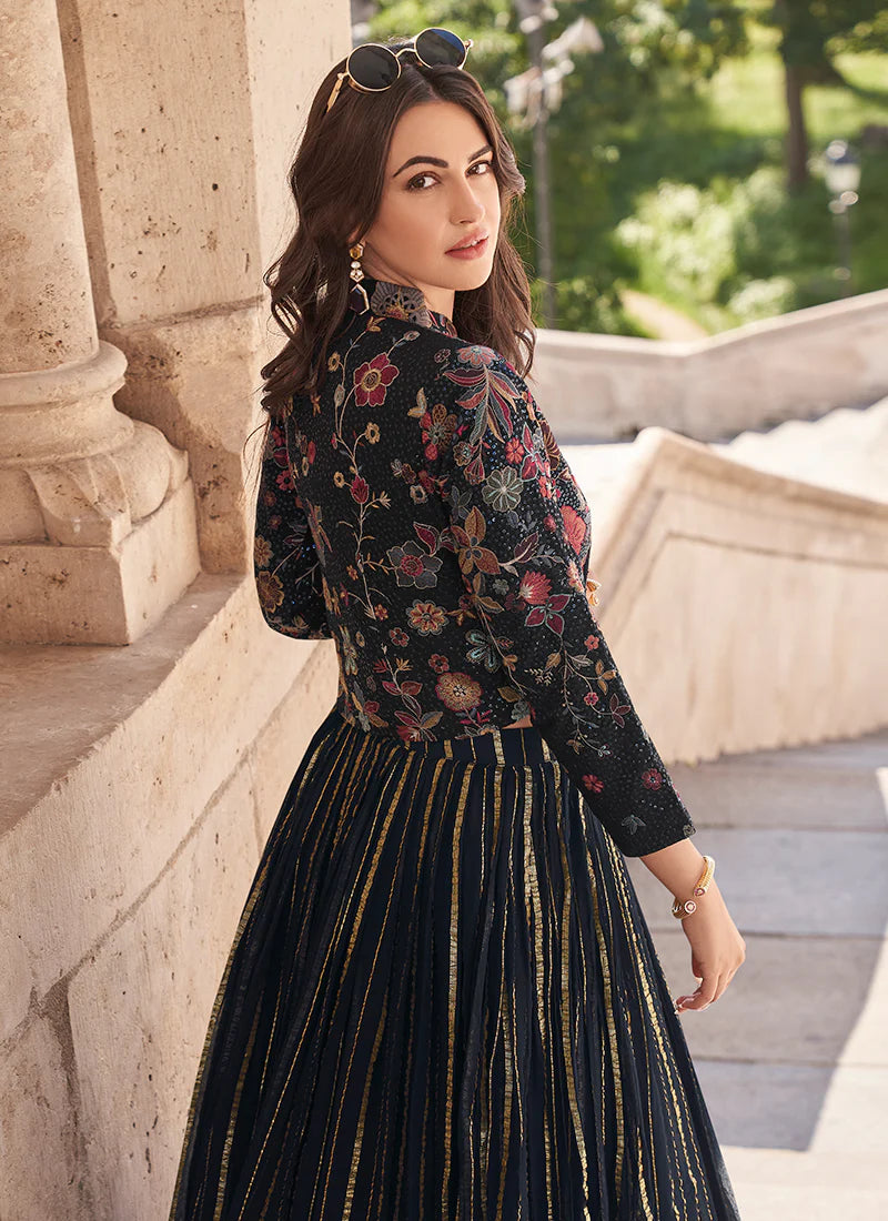 Buy designer Jacket Style Lehenga with elegant embroidery work.