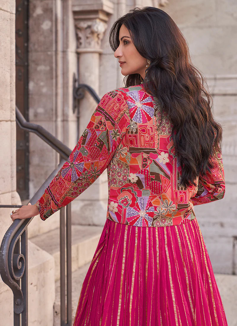 Buy designer Jacket Style Lehenga with elegant embroidery work.