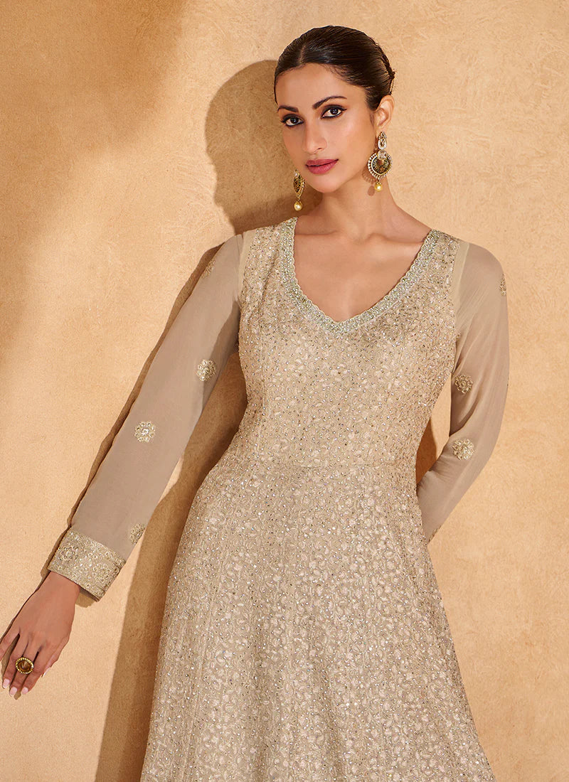 Find occasion-ready Anarkali with dupatta and designer details.