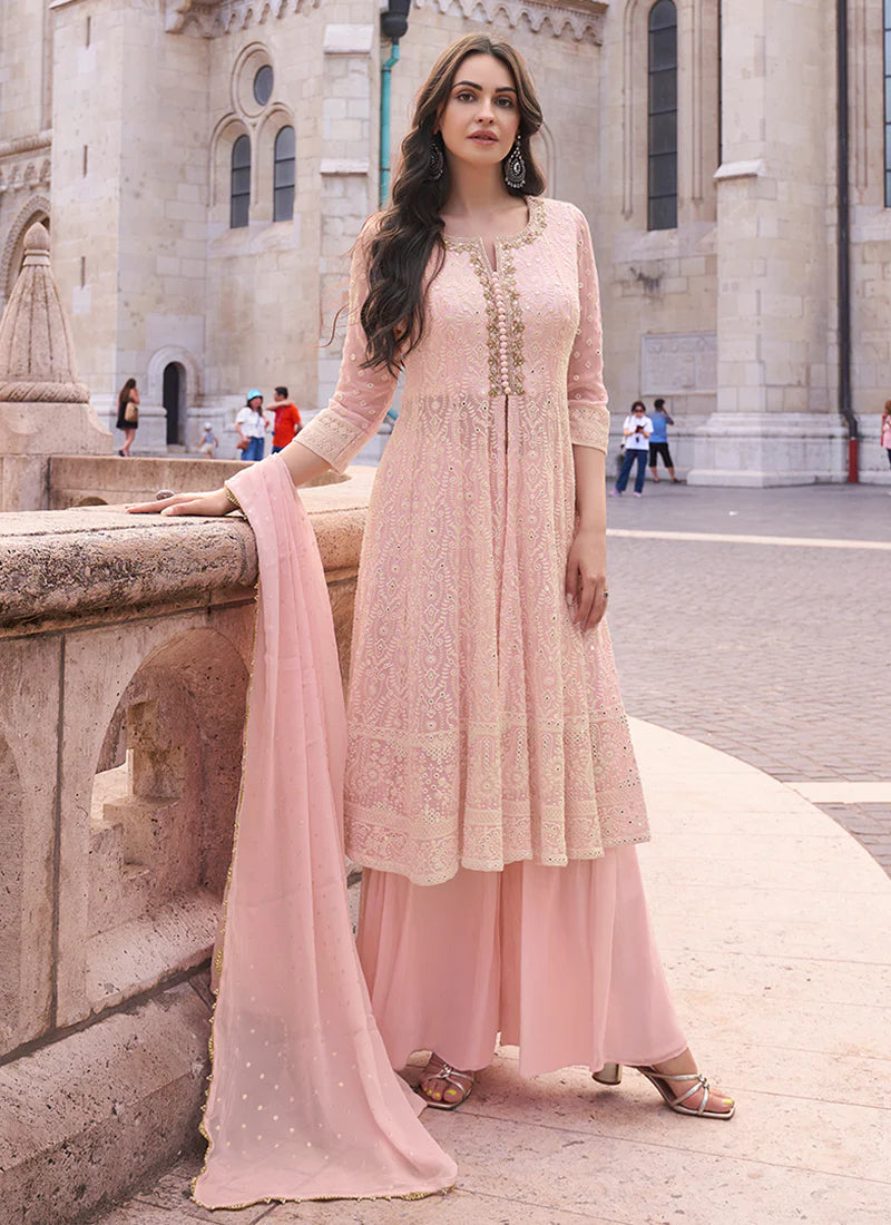 Lucknowi Embroidered Baby Pink Anarkali Suit