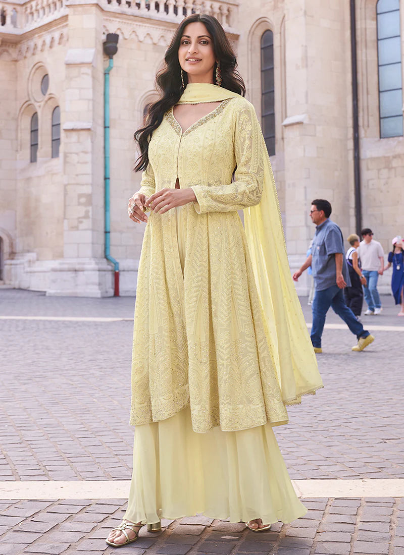 Lucknowi Embroidered Yellow Slit Anarkali Suit