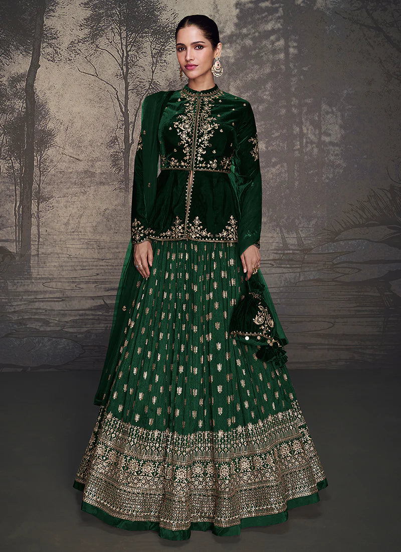 Designer Dark Green Lehenga with Intricate Golden Embroidery