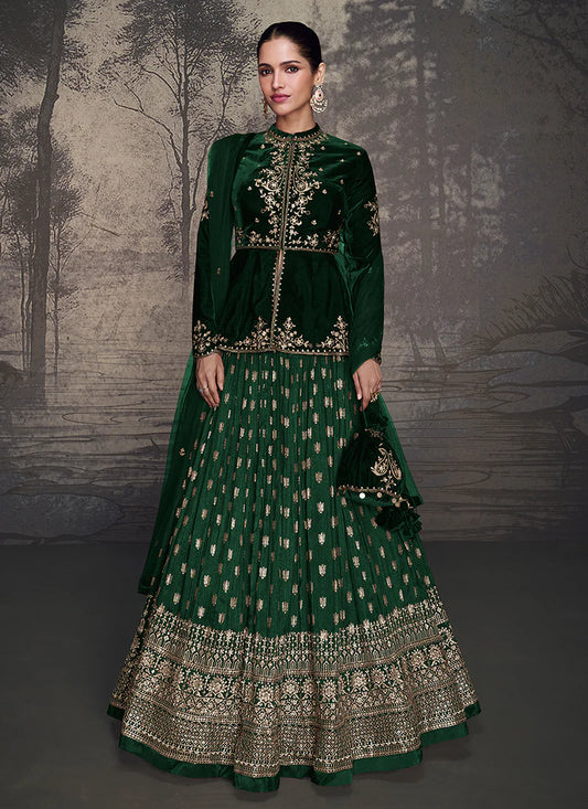 Designer Dark Green Lehenga with Intricate Golden Embroidery