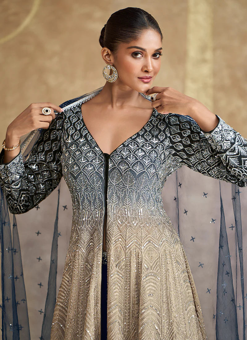 Find occasion-ready Anarkali Lehenga with dupatta and designer details.