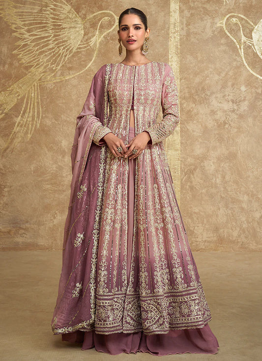 Trendy Rose Pink Embroidered Anarkali Lehenga