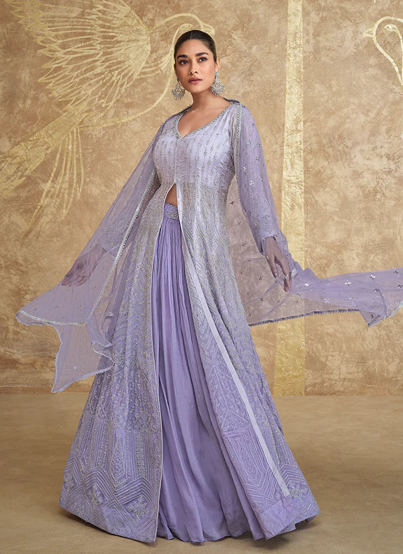 Buy designer Anarkali Lehenga with elegant embroidery work.