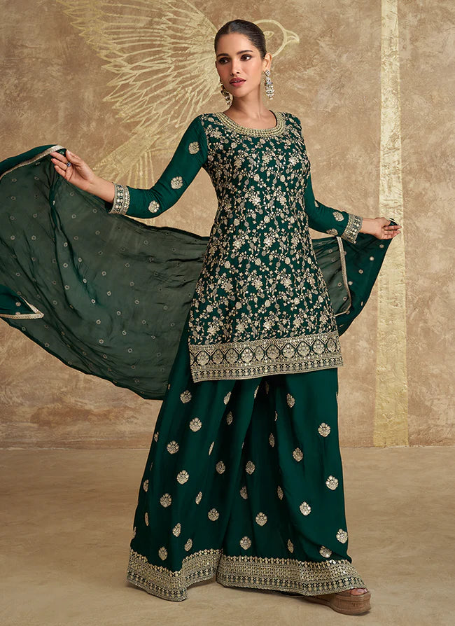 Fancy and Colorful Green Sharara Suits in Pure Chinnon Silk Bindyaa