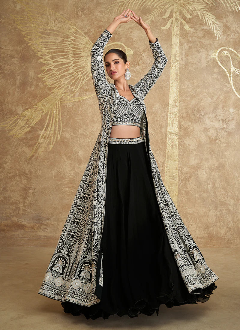 Find occasion-ready Jacket Style Lehenga with dupatta and designer details.