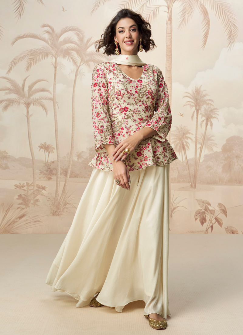 Beige Chinon Silk Top with Flared Plazzo Set for Indian Pakistani Wedding and Festival – Floral Embroidery Work