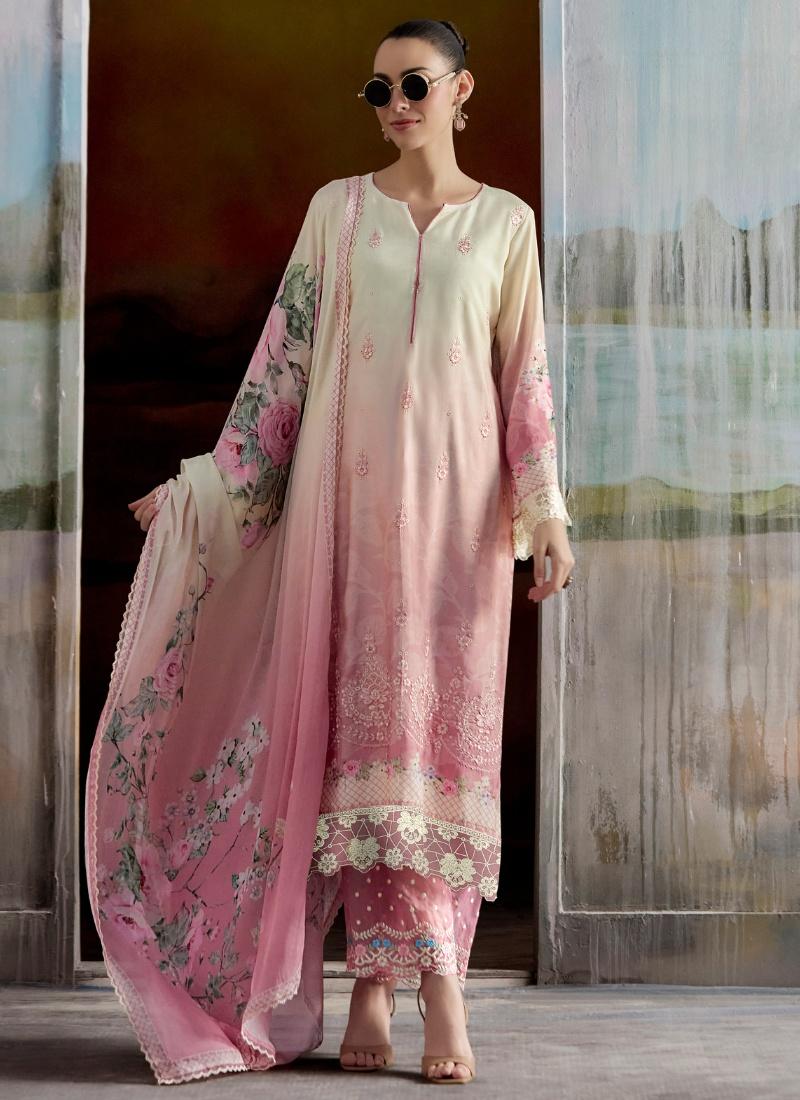 Peach Pink Muslin Embroidered Suit with Dupatta for Indian Wedding & Festival Wear