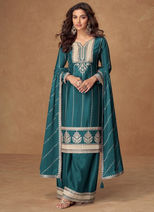 Party Wear Turquoise Chinon Embroidered Plazzo Suit