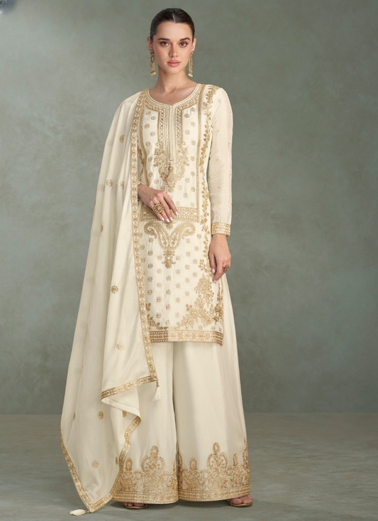 Ivory White Chinon Silk Embroidered Palazzo Suit For Indian Wedding and Pakistani Festival