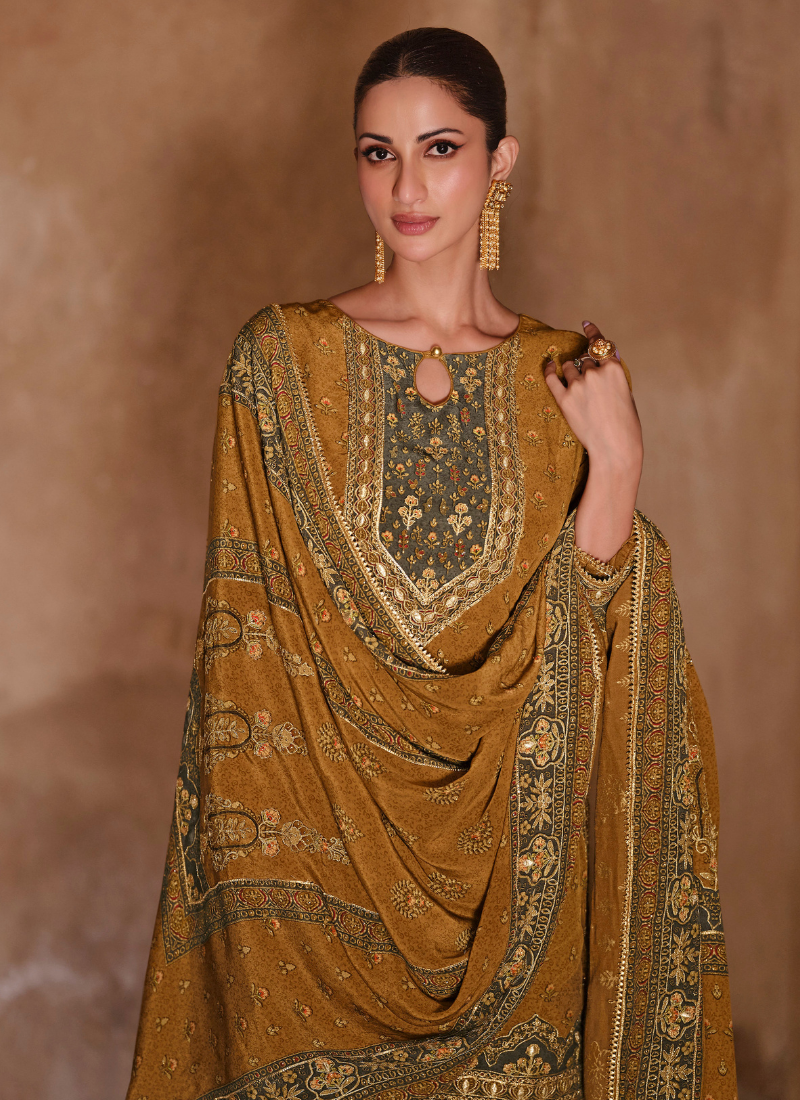 Shop Designer Yellow Crepe Silk Embroidered Sharara Suit with Dupatta for Pakistani Weddings and Indian Festivals