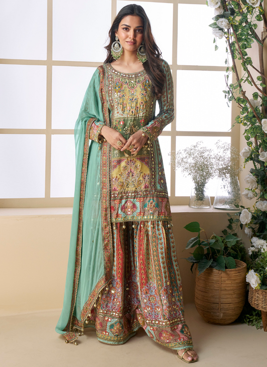 Teal Multicolor Viscose Crepe Silk Embroidered Sharara Suit with Zari & Gota Patti