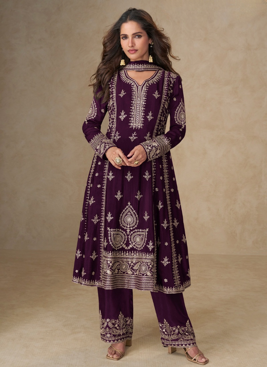 Wine Chinon Silk Palazzo Suit with Dupatta for Indian and Pakistani Party Wear