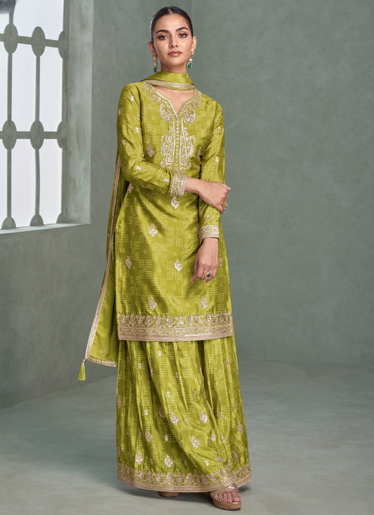 Mehendi Green Chinon Silk Sharara Suit for Indian Wedding and Pakistani Festival