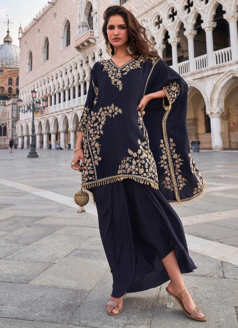 Designer Blue Crepe Silk Indo-Western Embroidered Shrug with Palazzo