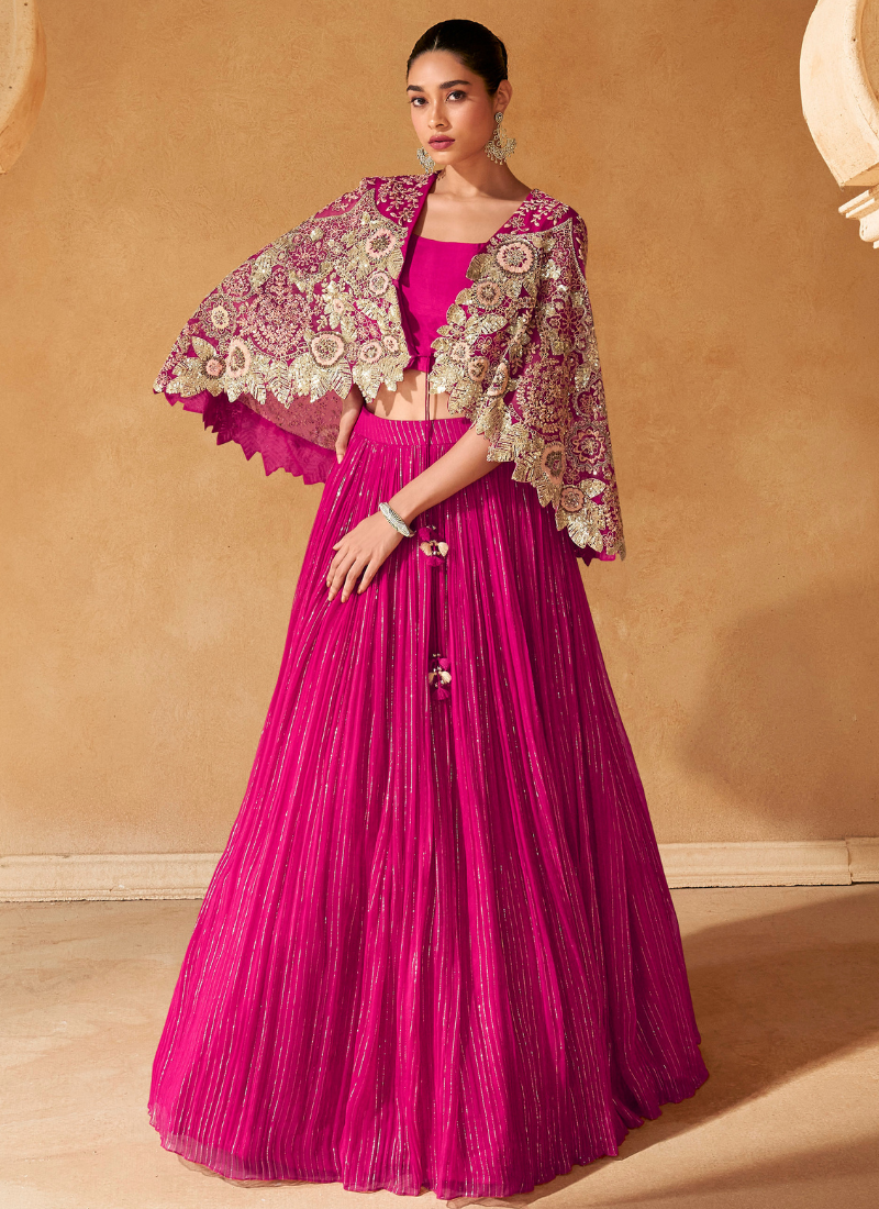 Magenta Pink Chinon Silk Embroidered Cape Style Lehenga Choli for Pakistani Festival and Indian Wedding
