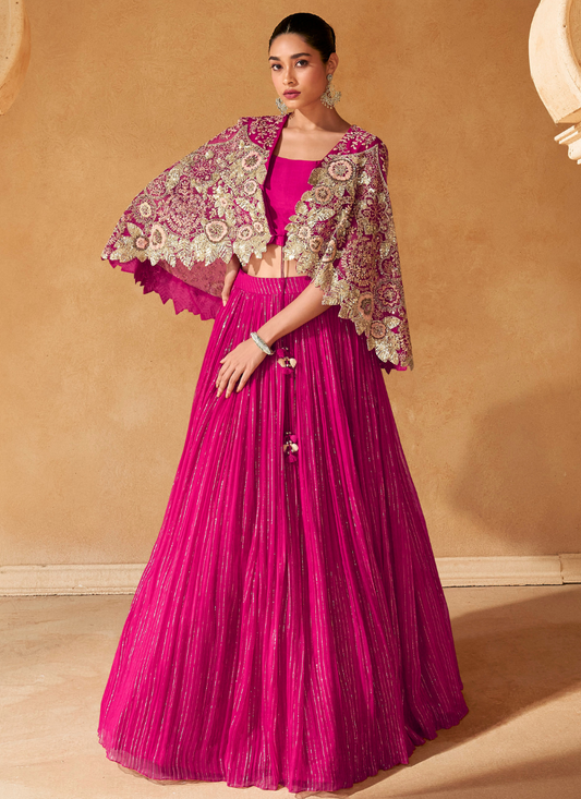 Magenta Pink Chinon Silk Embroidered Cape Style Lehenga Choli for Pakistani Festival and Indian Wedding