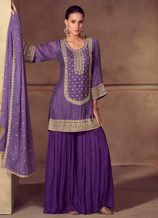 Purple Chinon Sharara Suit with Dupatta for Indian Wedding and Pakistani Festival