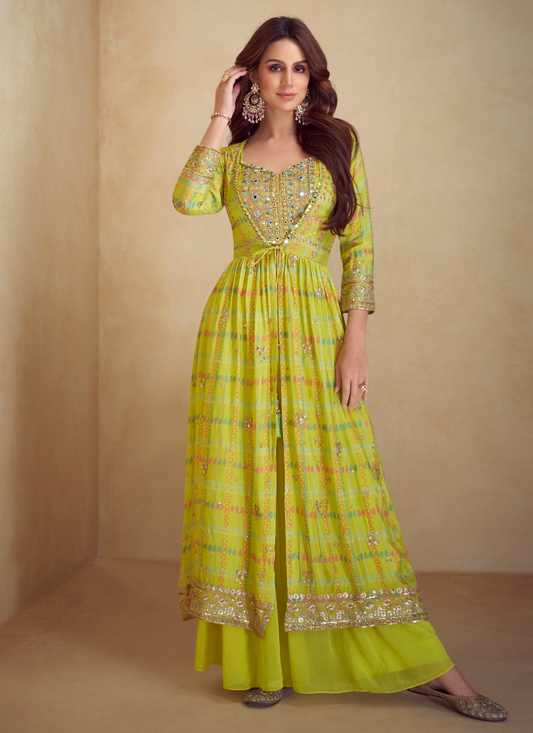 Lime Yellow Chinon Silk Sharara Set with Embroidered Blouse & Printed Shrug