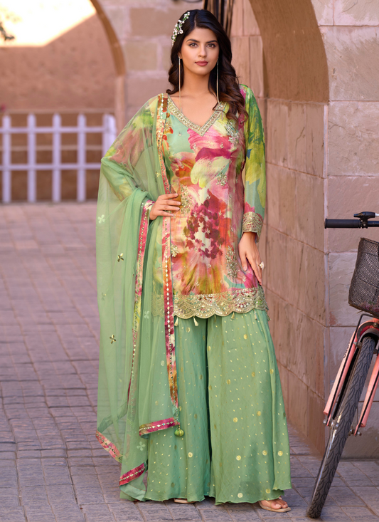 Mint Green Chinnon Embroidered Sharara Suit with Dupatta for Indian Wedding and Pakistani Festival – Zari and Sequin Detailing