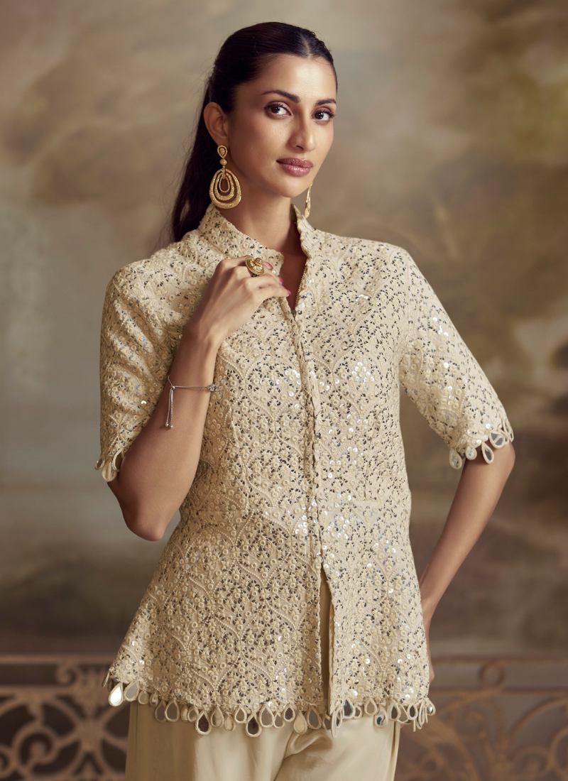 Designer Cream Viscose Palazzo Suit for Indian Wedding and Pakistani Festival