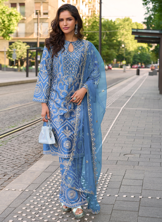 Blue Simar Silk Salwar Suit with Dupatta for Indian Wedding and Pakistani Festival