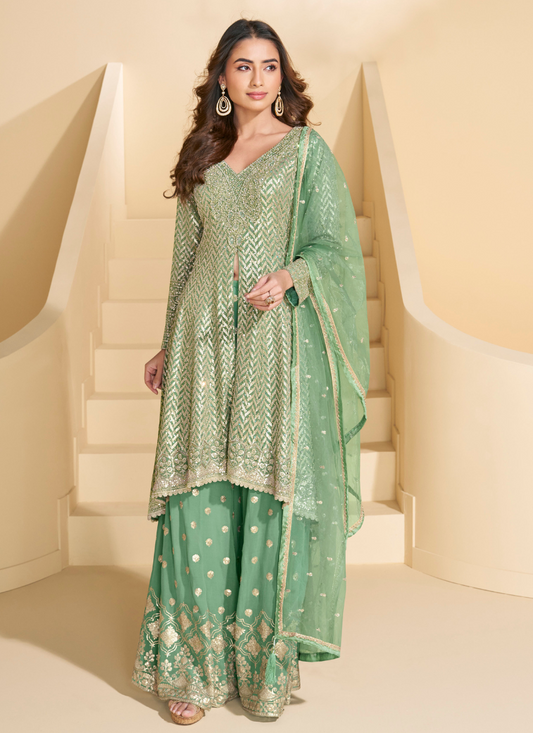 Designer Green Party Wear Georgette Sharara Suit with Dupatta