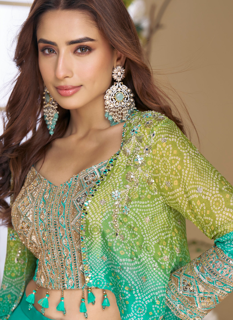 Designer Teal Green Chinon Silk Indo-Western Set with Embroidered Blouse and Shrug – Indian Pakistani Wedding Look