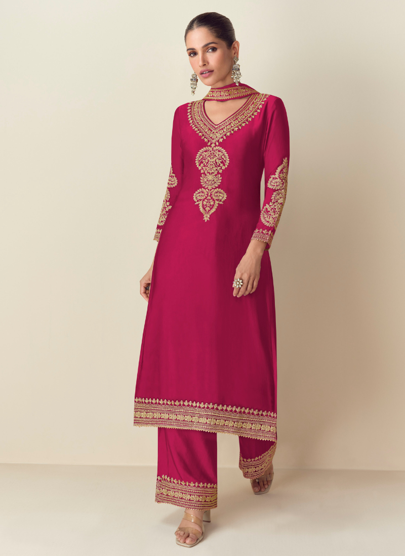 Buy Red Chinnon Silk Embroidered Straight Suit with Dupatta -