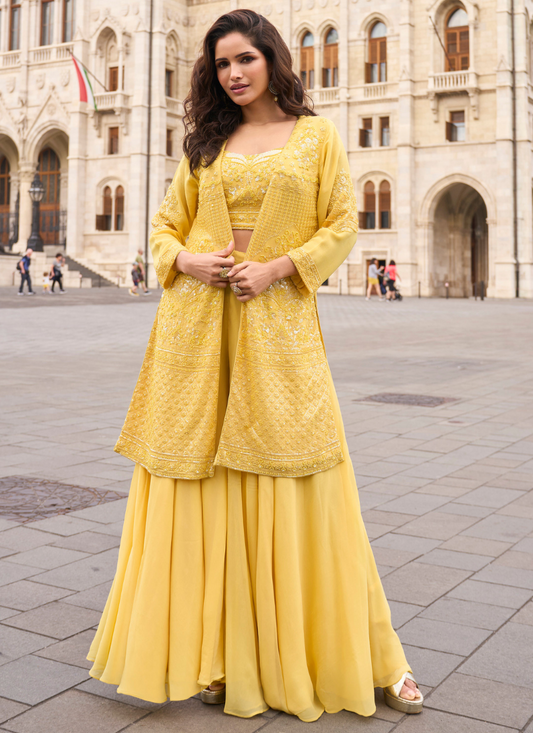 Designer Yellow Indo-Western Georgette Jacket Style Shrug with Palazzo
