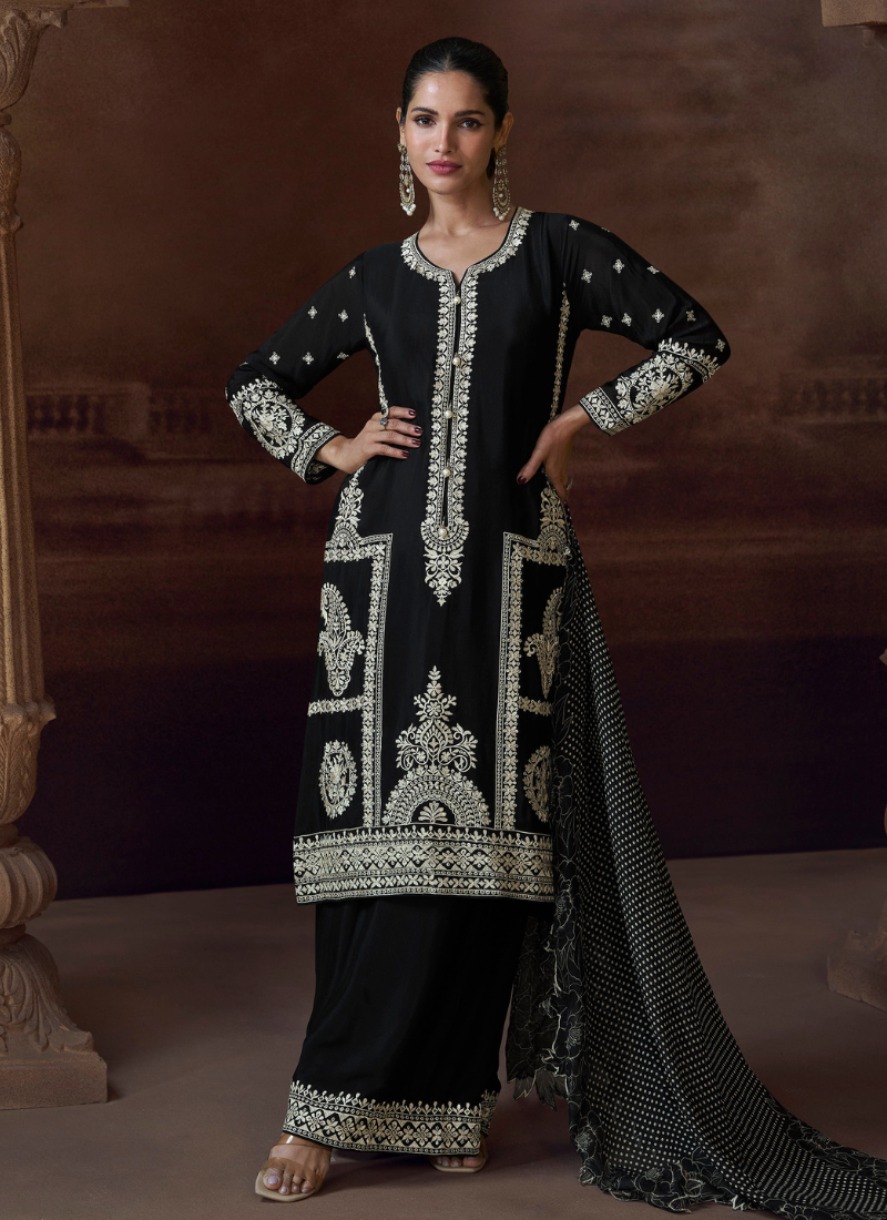 Black Chinon Silk Long Sleeve Embroidered Plazzo Suit with Dupatta